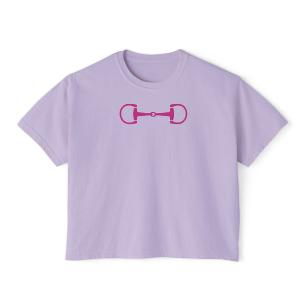 Boxy fit light purple equestrian t shirt with hot pink horsebit graphic on front