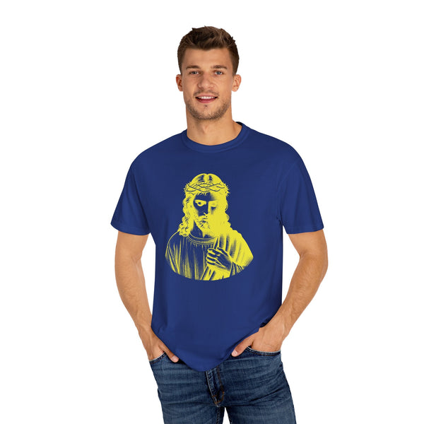 Man wearing a blue religious graphic tee with a yellow Jesus crown of thorns print