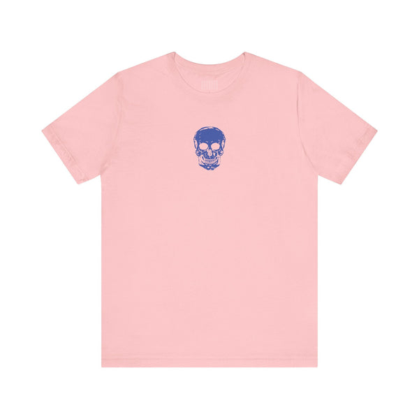 Pink graphic t shirt with small blue skull print on chest by Sandra Oles