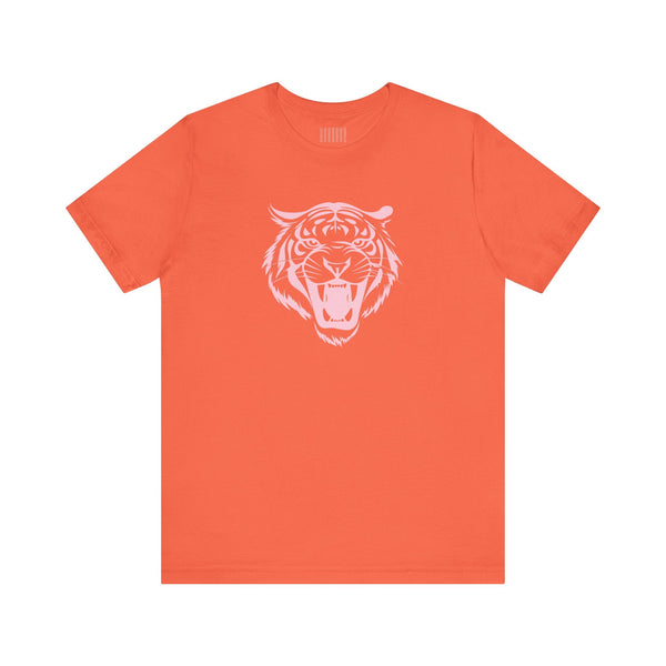 Unisex pink pastel aesthetic t shirt with jumbo roaring tiger head graphic, 80s retro style