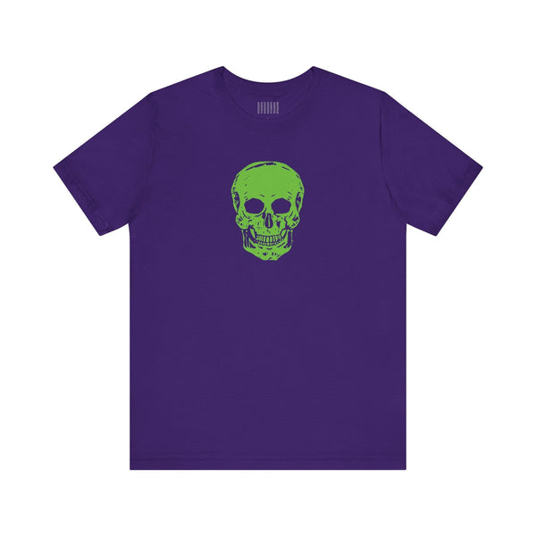 Purple cotton t-shirt with bold green skull graphic on front, streetwear style