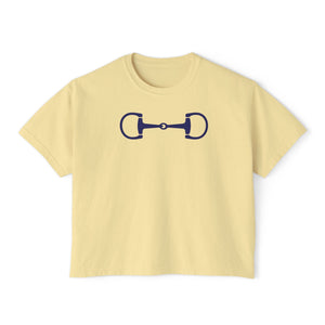 Women’s boxy tee in navy blue with horse bit graphic, vintage style, 100% cotton, relaxed fit by Fugitive Tees