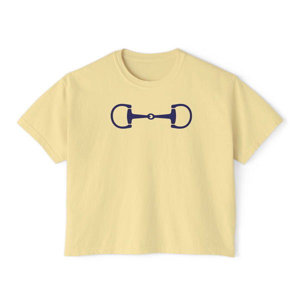 Women’s boxy tee in navy blue with horse bit graphic, vintage style, 100% cotton, relaxed fit by Fugitive Tees