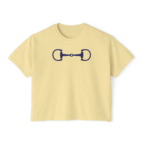 Women’s boxy tee in navy blue with horse bit graphic, vintage style, 100% cotton, relaxed fit by Fugitive Tees
