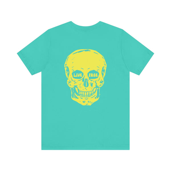 Turquoise indie style t-shirt with jumbo yellow skull back print featuring “LIVE FREE” text in skull's eyes.