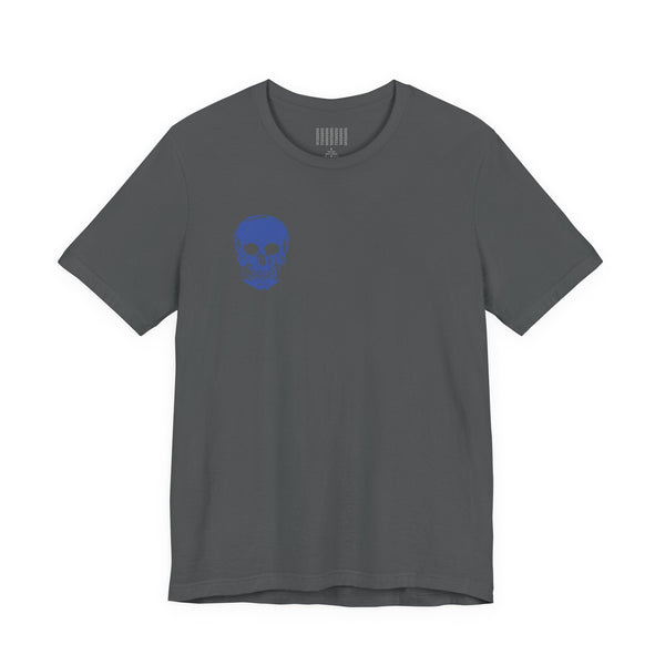 Gray cotton graphic tee shirts with small blue skull print on front and jumbo blue skull design on back