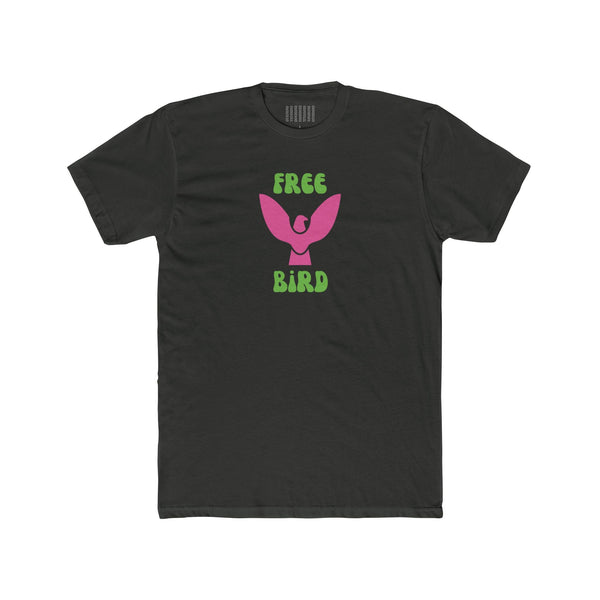 Black Free Bird graphic tee with neon pink bird and green retro bubble text design