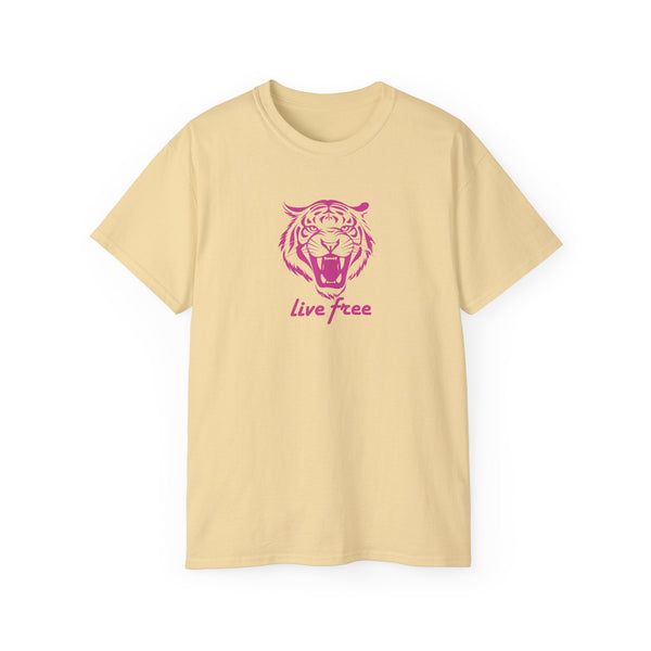 Pink "Live Free" tiger head graphic statement tee in soft cotton