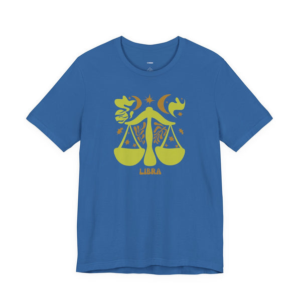 Blue Libra t shirt with yellow zodiac balance scales, stars, and moon graphic design