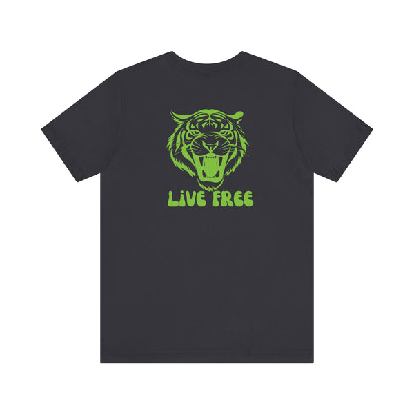 Green retro vintage tiger roaring graphic tee with "Live Free" text on back