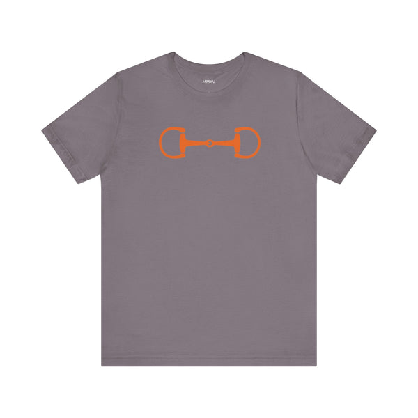 Gray graphic tee with bold orange horsebit design, heritage equestrian streetwear style.