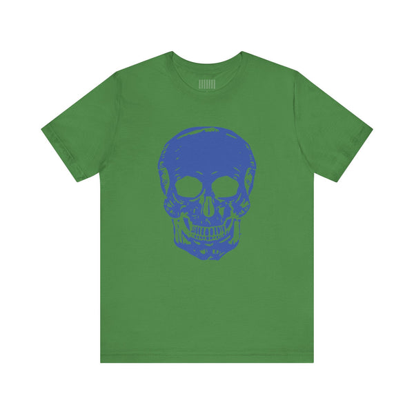 Green t-shirt with jumbo blue skull graphic for bold streetwear style