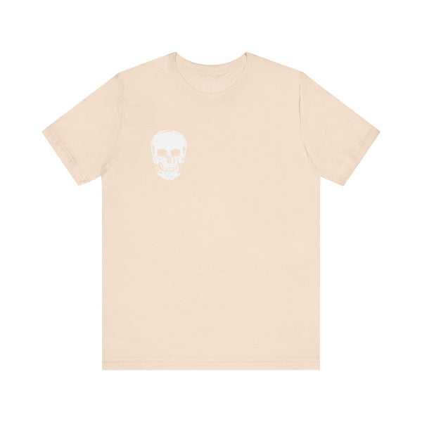 Beige skull graphic t-shirt with a small white skull print on the front left chest.