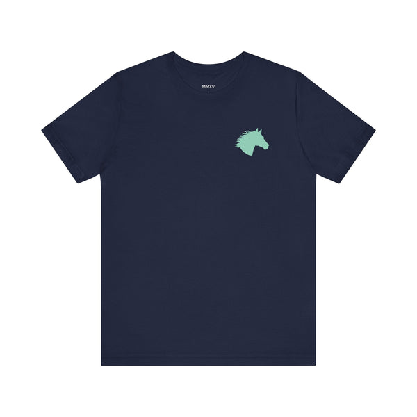 Navy unisex t-shirt with aqua mini horse head graphic on front pocket area made of soft cotton
