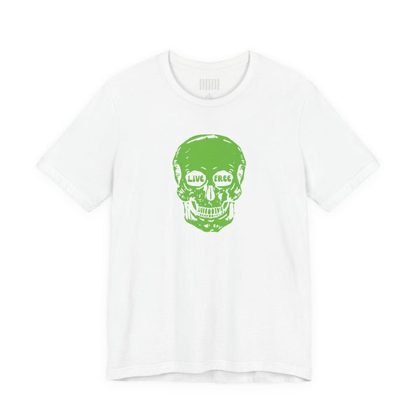 White mid-scale graphic tee with green "Live Free" skull print on front, made from soft 100% cotton fabric.