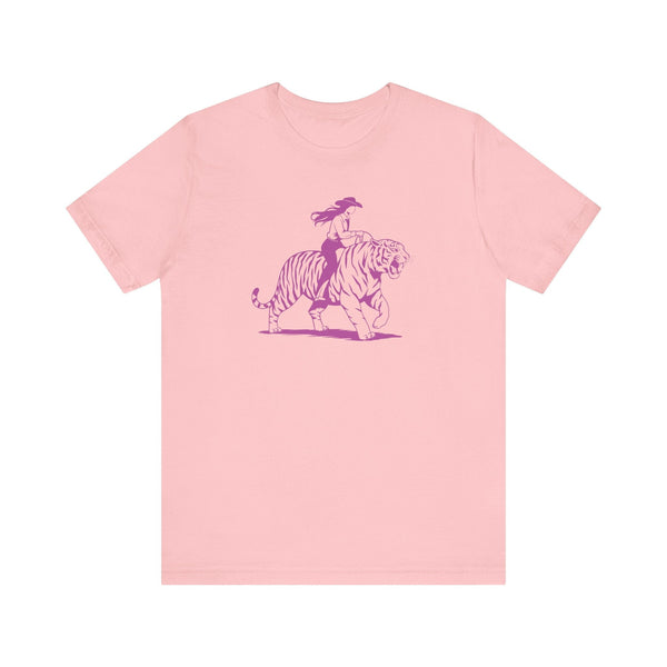 Pink cowgirl graphic tee with retro tiger riding print, unisex cotton short sleeve shirt