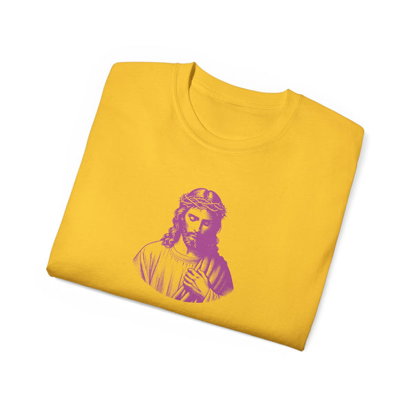 Yellow Jesus T-shirt with magenta graphic of Jesus wearing crown of thorns, stylish and bold streetwear design