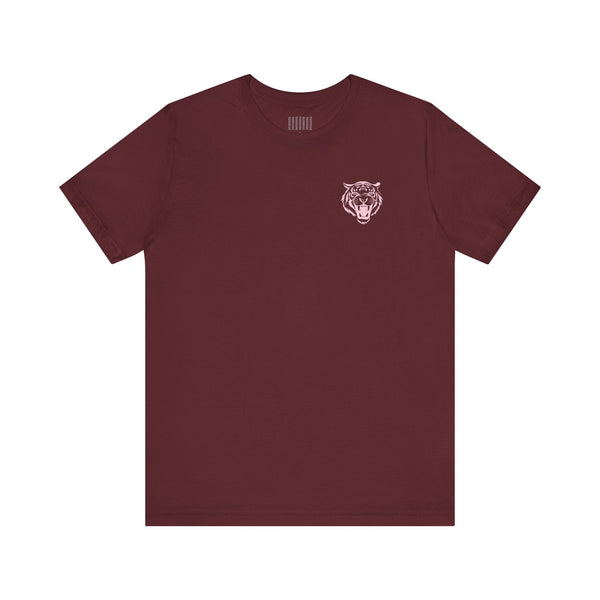 retro tiger t shirt with minimal pastel tiger graphic on chest in vintage maroon unisex style