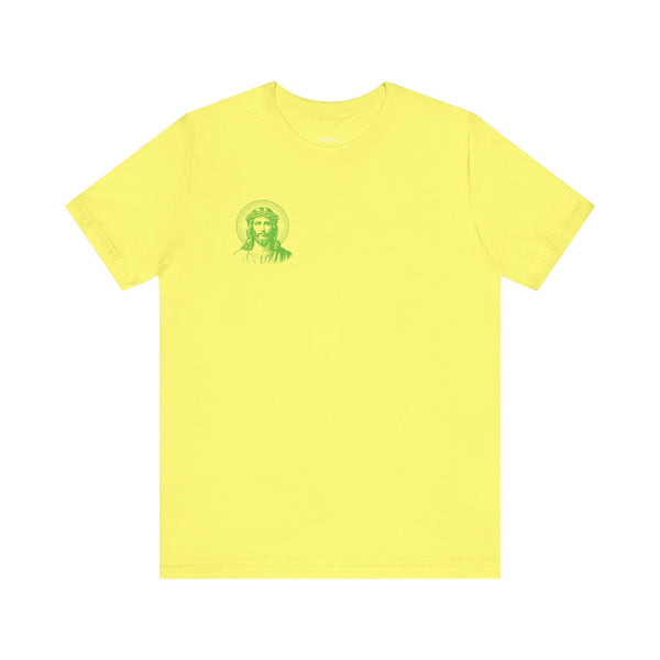 Yellow Jesus graphic tee with small green halo Jesus print on front left chest, short sleeve unisex streetwear.