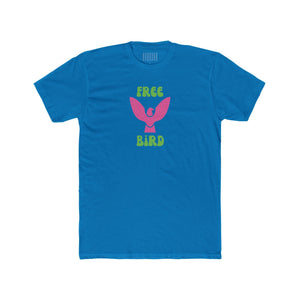Blue unisex cotton crew tee with neon pink bird graphic and vintage green "Free Bird" text