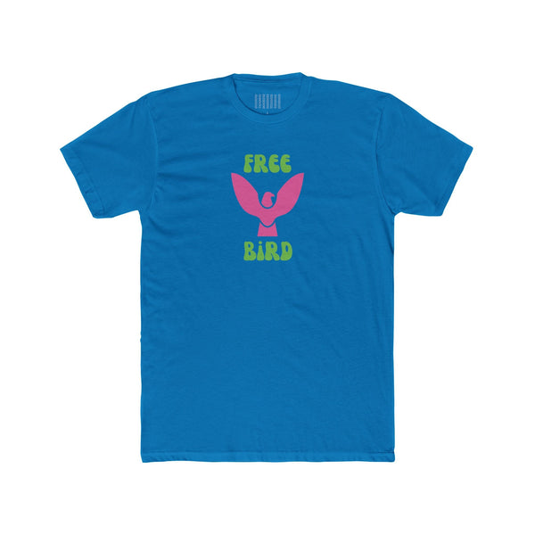Blue unisex cotton tee with neon pink bird graphic and green "Free Bird" retro style lettering