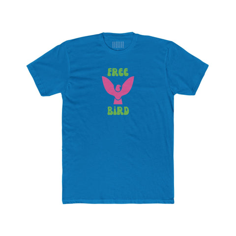 Blue unisex cotton crew tee with neon pink bird graphic and vintage green "Free Bird" text