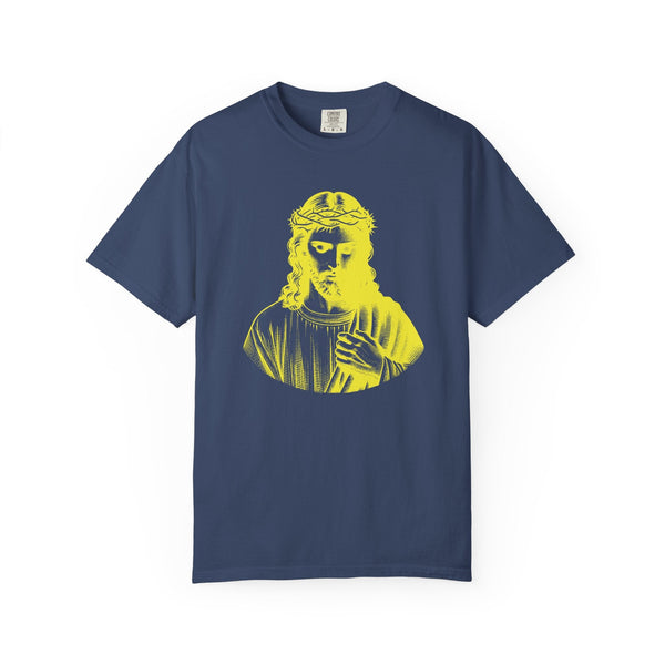 Navy unisex tee with yellow Jesus Crown of Thorns graphic, garment-dyed soft fabric, religious graphic tee
