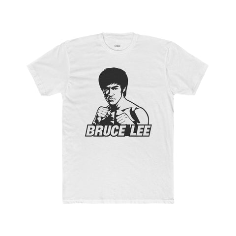 White unisex cotton crew neck t-shirt featuring a vintage black graphic of Bruce Lee in a fighting pose with bold text "BRUCE LEE" below.