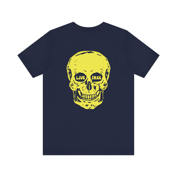 Navy indie tee with jumbo yellow skull back print featuring "LIVE FREE" text in the eyes