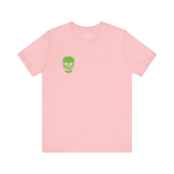 Green Jumbo Skull Back Print with Green Mini Skull Left Front Graphic Tee - Fugitive by Sandra Oles