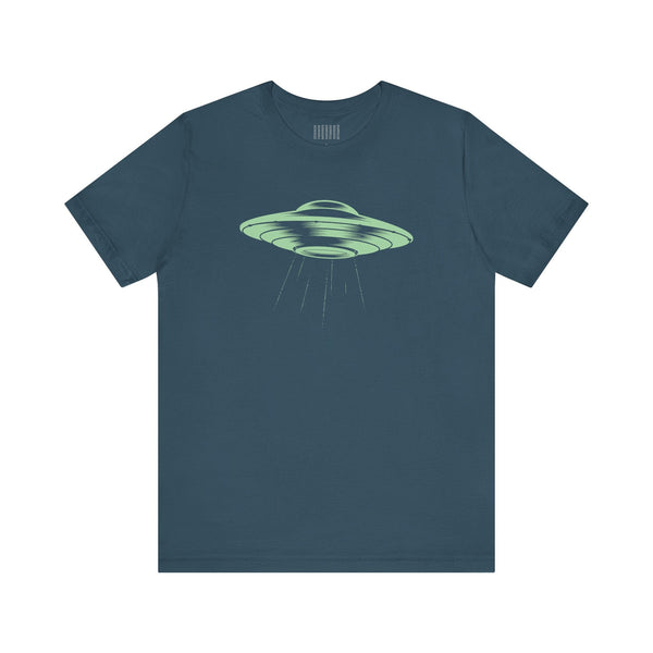 Celadon green space ship t shirt with retro flying saucer UFO design on a dark background, unisex short sleeve cotton shirt.
