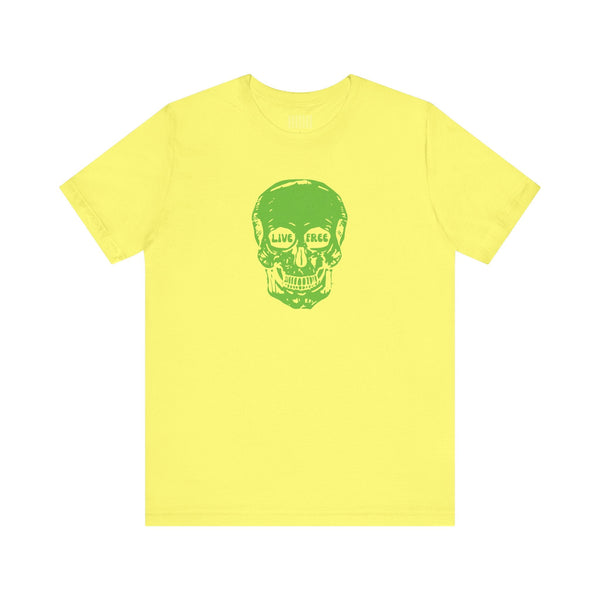 Yellow skull print t-shirt with green "Live Free" graphic, soft cotton casual tee
