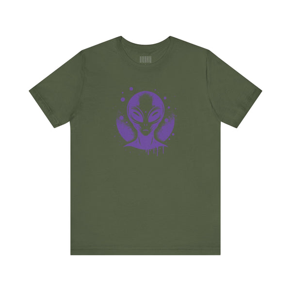 Olive green streetwear alien t shirt with purple alien graphic print on front, casual sci-fi style tee.