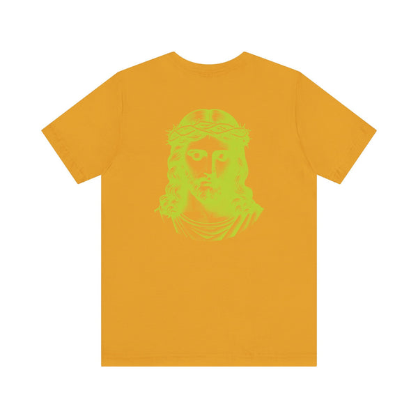 Yellow t-shirt with lime green jumbo Jesus back print portrait