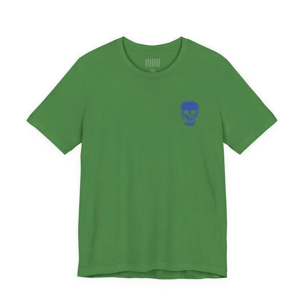 green graphic tee shirt with small blue skull front print and large blue skull back design