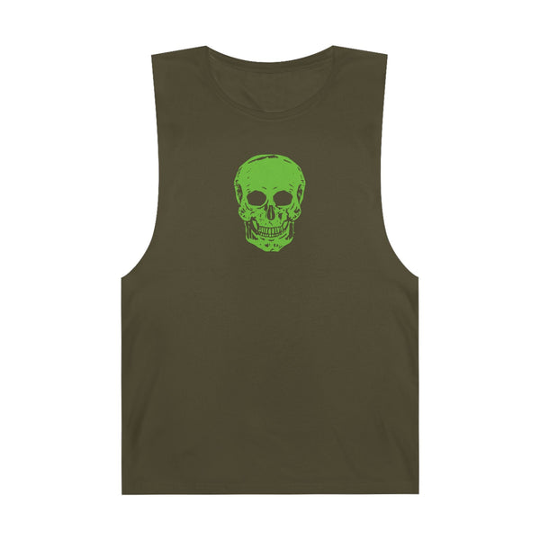 Olive green goth skull tank top with bold green skull graphic for alternative streetwear and edgy muscle tee style