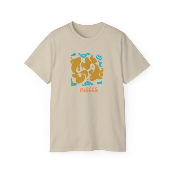 Beige Pisces t shirt with artistic zodiac fish graphic in orange and blue, soft cotton astrology tee for casual