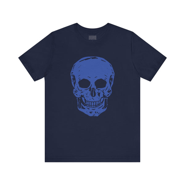 Navy blue skull tee with a large blue skull graphic on the front, made from soft cotton for streetwear style.