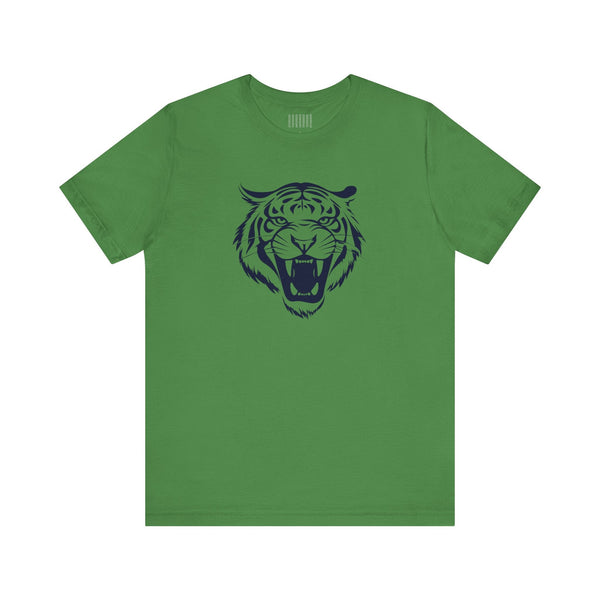 Green graphic tee with a roaring tiger head front print, retro style design.