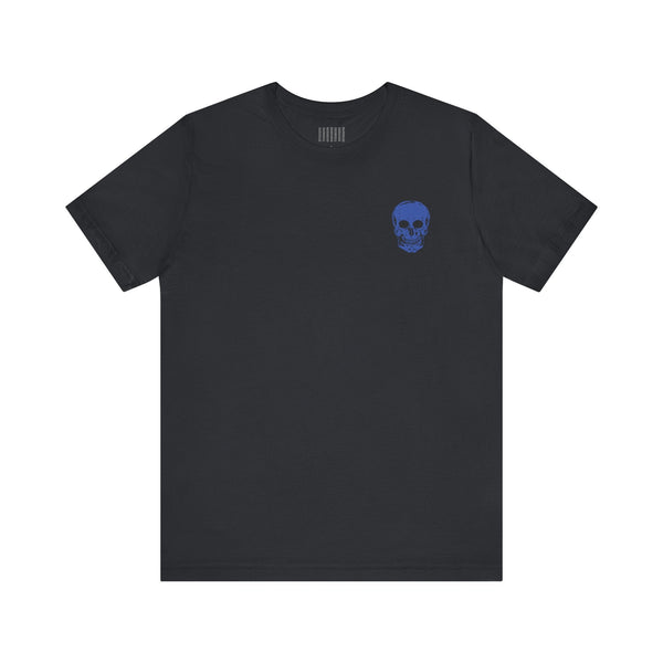 black unisex rocker tee with small blue skull graphic on front left chest