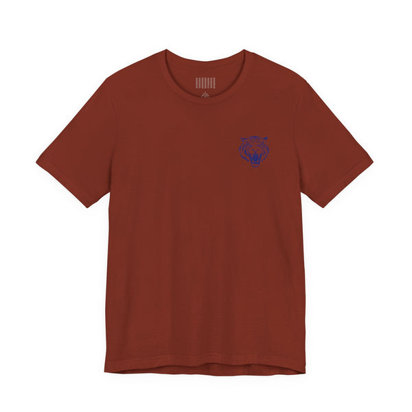 navy blue retro graphic tee with roaring tiger head left front print