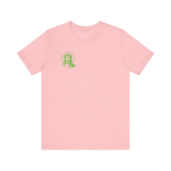 Pink Jesus graphic tee with mini green halo Jesus print on front left chest