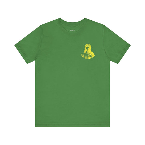 Green unisex crew neck t-shirt with yellow mini Jesus in crown of thorns front left graphic print Jesus t shirt