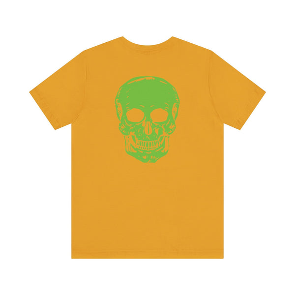 Yellow tee with large green skull graphic on back, edgy music festival fashion design