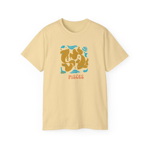 Beige Pisces zodiac t shirt with artistic blue and brown fish graphic and "Pisces" text, made from soft cotton