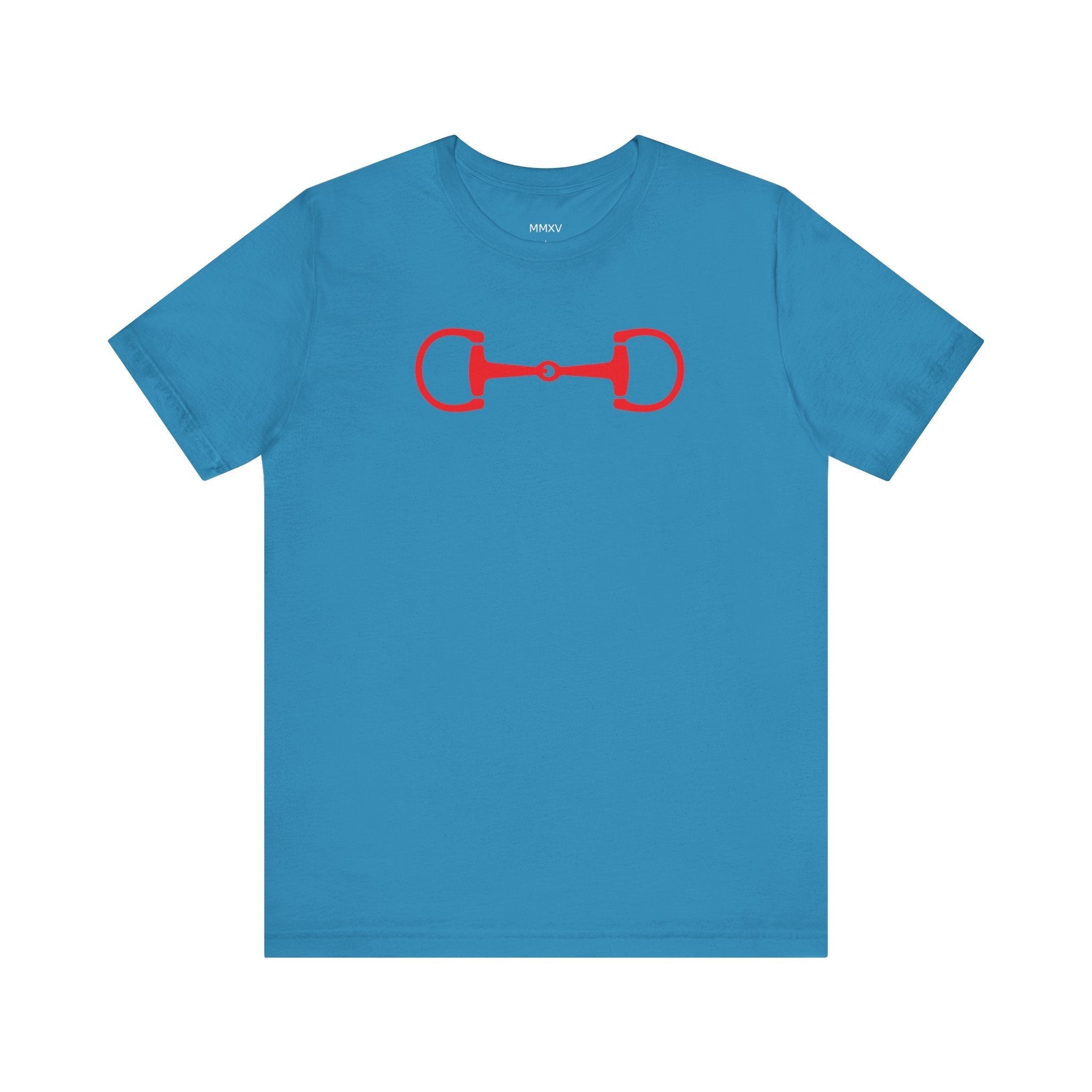 Blue equestrian t-shirt with a bold red horsebit graphic on the front.
