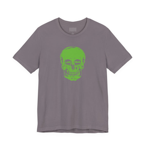 Gray T-shirt with bright green Live Free skull graphic on front by Fugitive designed by Sandra Oles