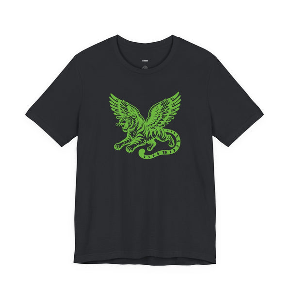 Black T-shirt with neon green winged tiger graphic on the chest, bold mythical design, premium cotton fabric.