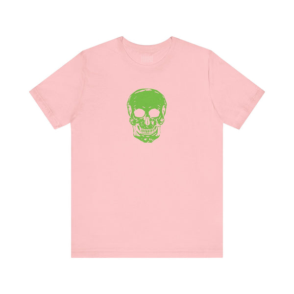 Pink tee with green skull graphic, skull streetwear style