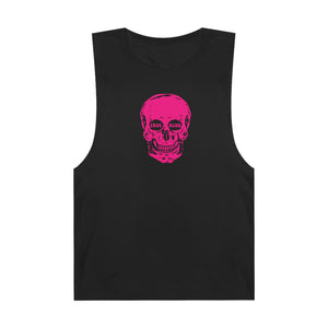 Black subculture muscle tee with midscale pink skull graphic and raw sleeveless edges.